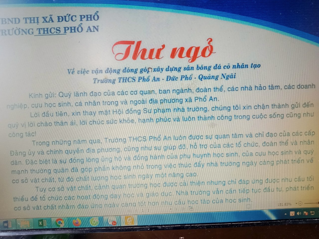 ĐỂ ĐẢM BẢO CƠ SỞ VẬT CHẤT, CẢNH QUAN TRƯỜNG HỌC PHỤC VỤ CHO VIỆC TỔ CHỨC CÁC HOẠT ĐỘNG DẠY VÀ HỌC, GÓP PHẦN NÂNG CAO CHẤT LƯỢNG GIÁO DỤC, PHÁT TRIỂN TOÀN DIỆN THỂ CHẤT VÀ TINH THẦN CHO CHỌ SINH, TRƯỜNG THCS PHỔ AN KÊU GỌI SỰ CHUNG TAY, GIÚP SỨC TỪ QUÝ CƠ QUAN, DOANH NGHIỆP, CÁ NHÂN…TRONG VÀ NGOÀI ĐỊA PHƯƠNG ĐỂ NHÀ TRƯỜNG XÂY DỰNG SÂN BÓNG ĐÁ CỎ NHÂN TẠO.